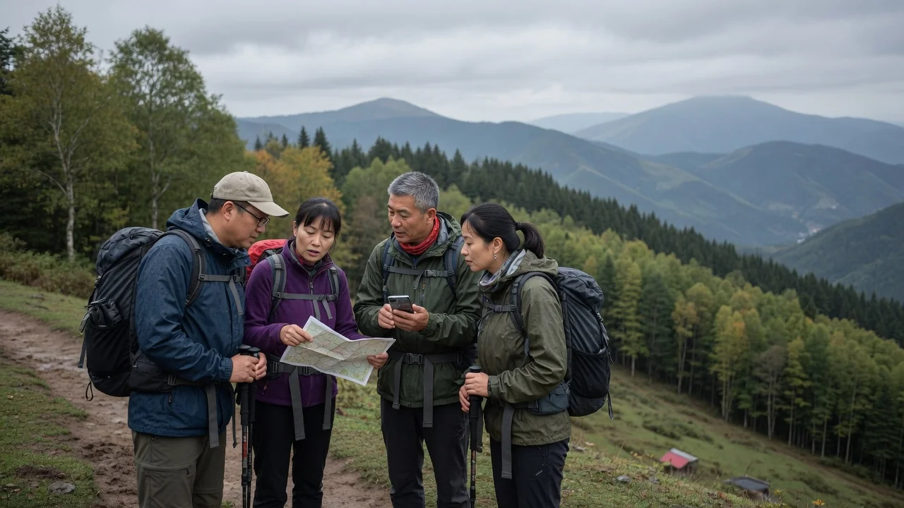 网上AA组队：几个人在山脊上看地图、对路线
