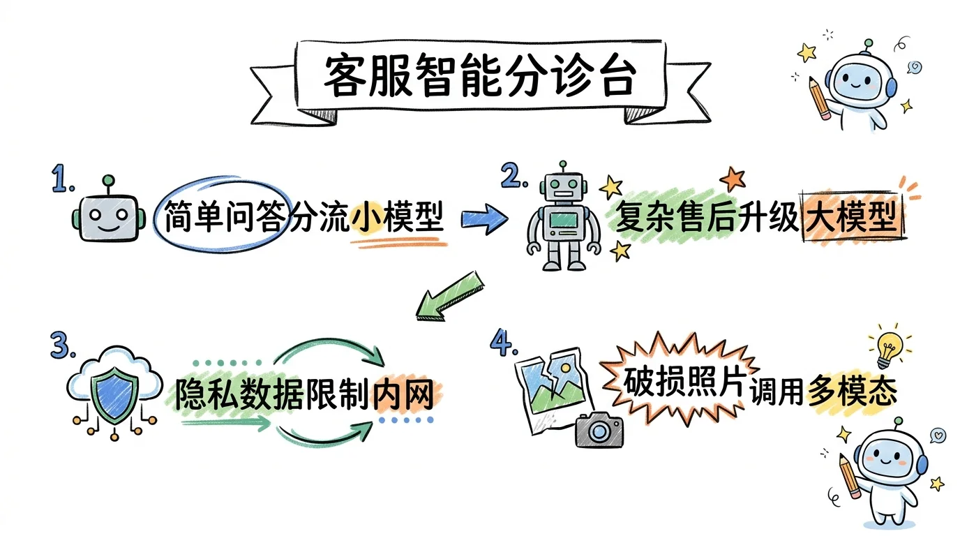 客服智能分诊：按��简单问、复杂单、隐私和破损图分流到不同模型