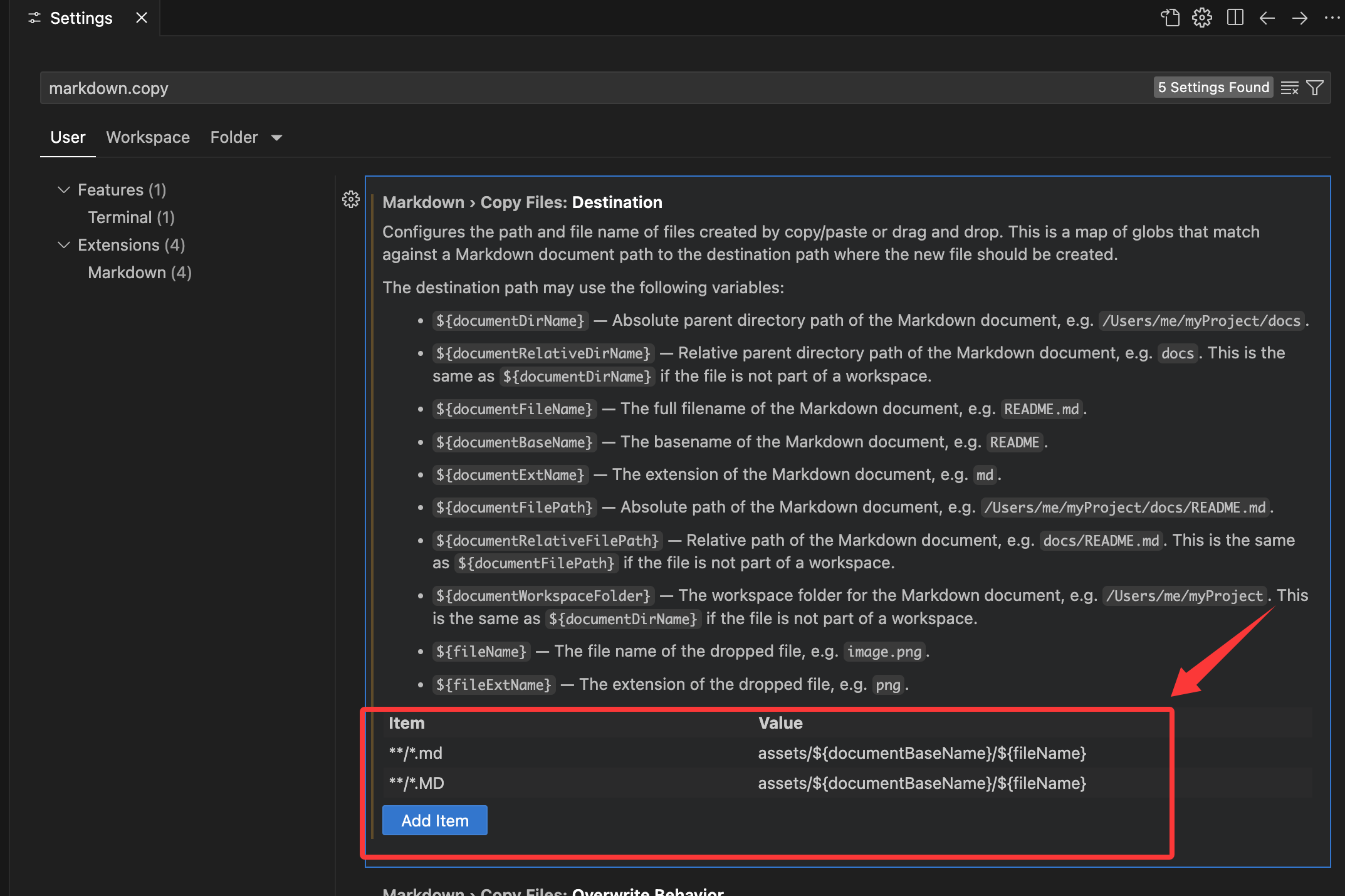 Markdown Copy Files Destination配置项