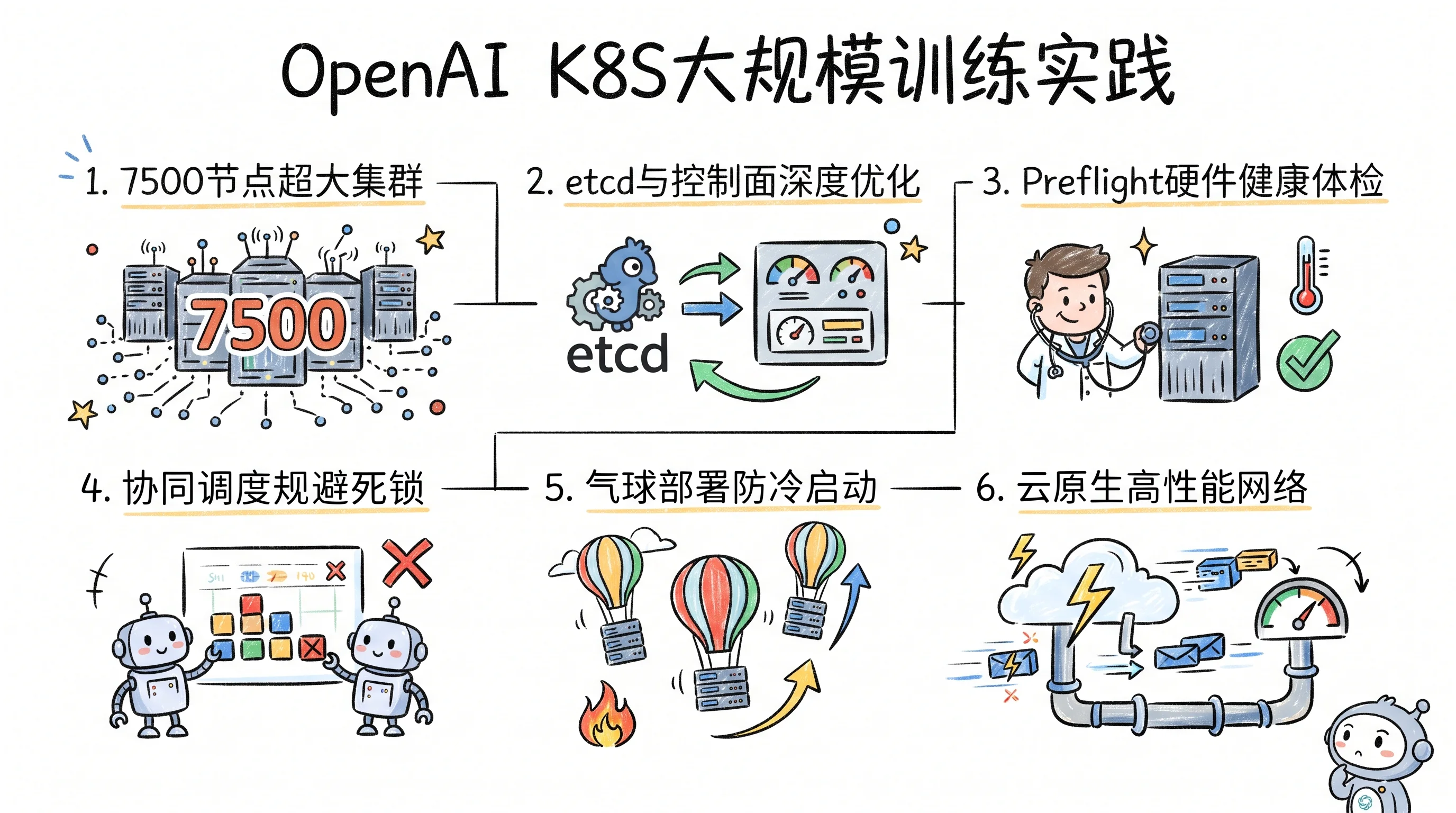 信息图标题是 OpenAI K8S大规模训练实践，涵盖7500节点超大集群、etcd与控制面深度优化、Preflight硬件健康体检、协同调度规避死锁、气球部署防冷启动与云原生高性能网络六大实践