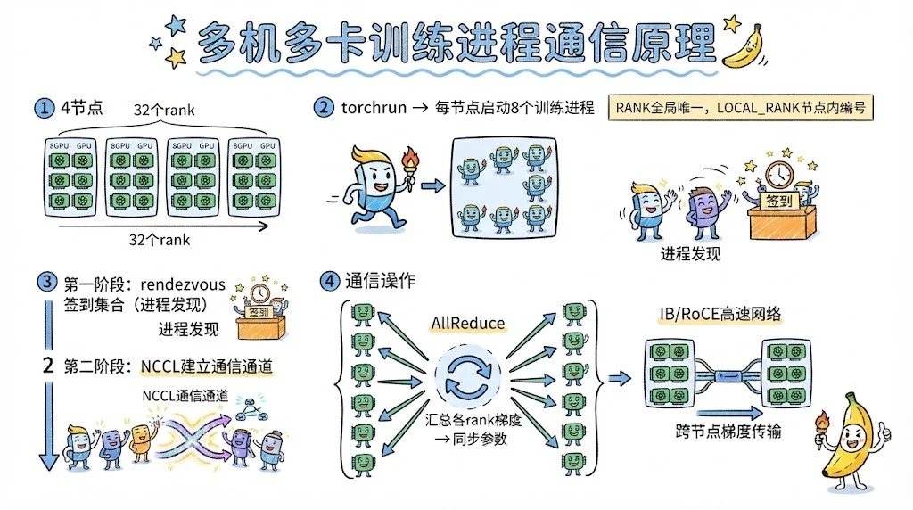 多机多卡训练进程通信原理：torchrun 组进程 → rendezvous 签到 → NCCL AllReduce 汇总梯度 → 参数同步