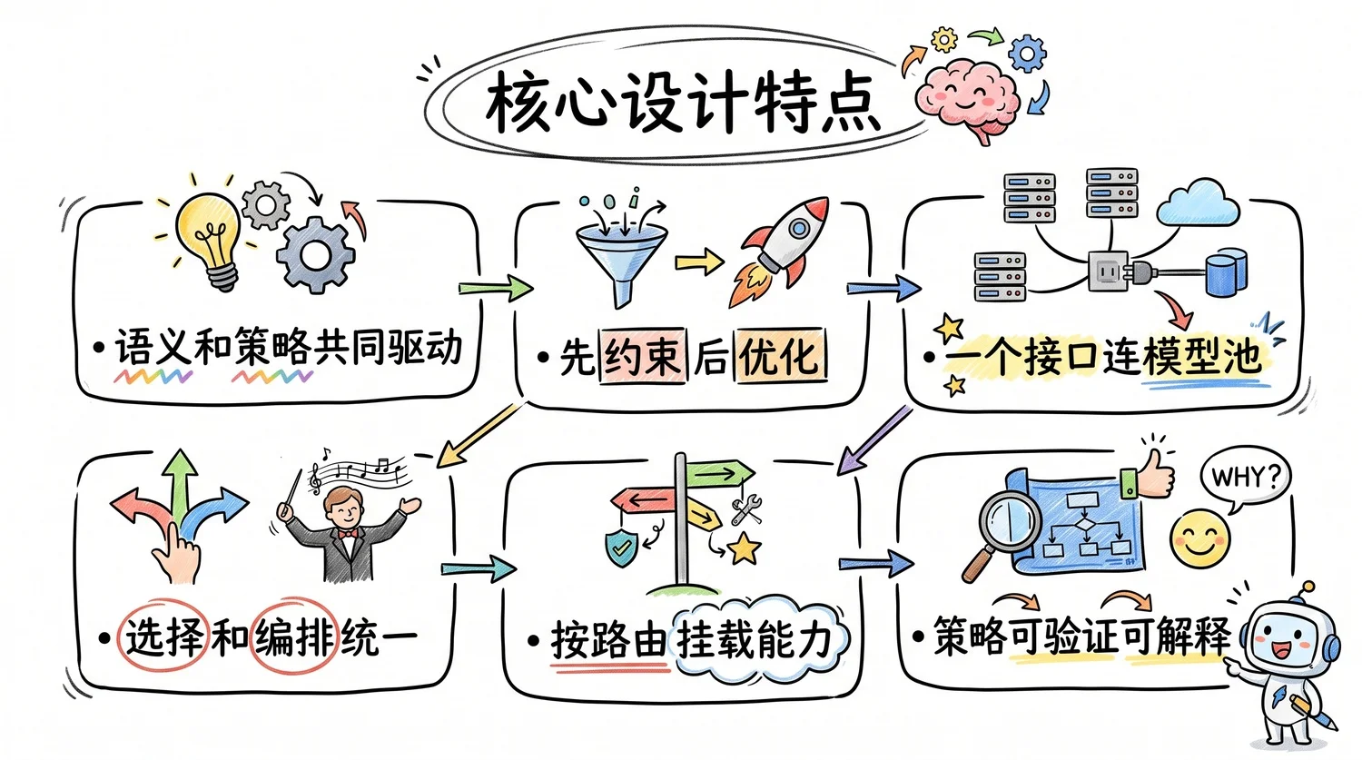 核心设计特点：语义策略驱动、先约束后优化、选择与编排统一