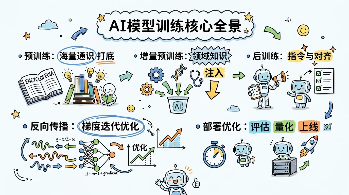 AI模型训练核心全景：预训练海量通识打底、增量预训练领域注入、后训练指令对齐、反向传播梯度优化与部署上线