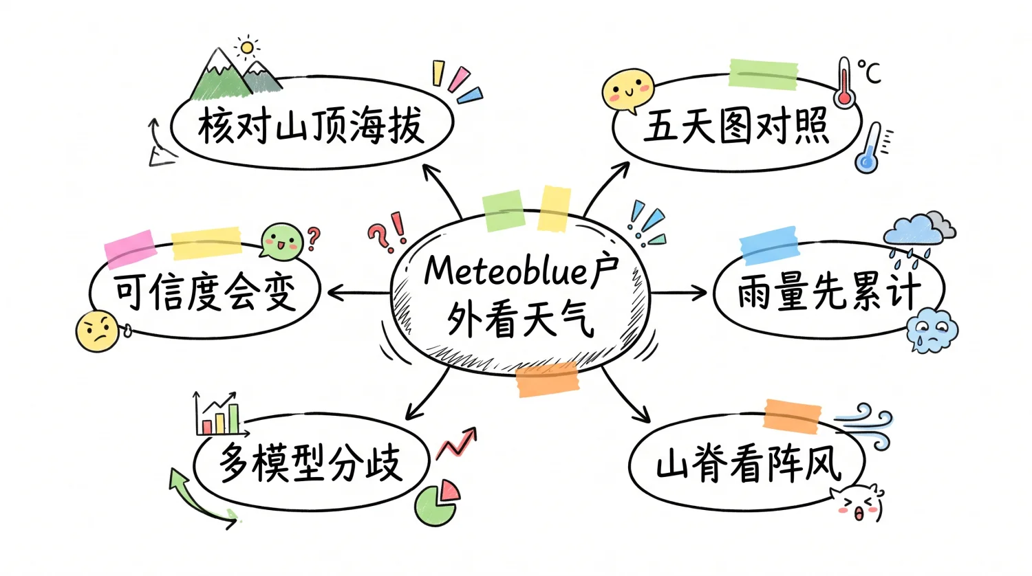 Meteoblue户外看天气：核对海拔、对照五天图、累计雨量、看阵风、比较模型和关注可信度