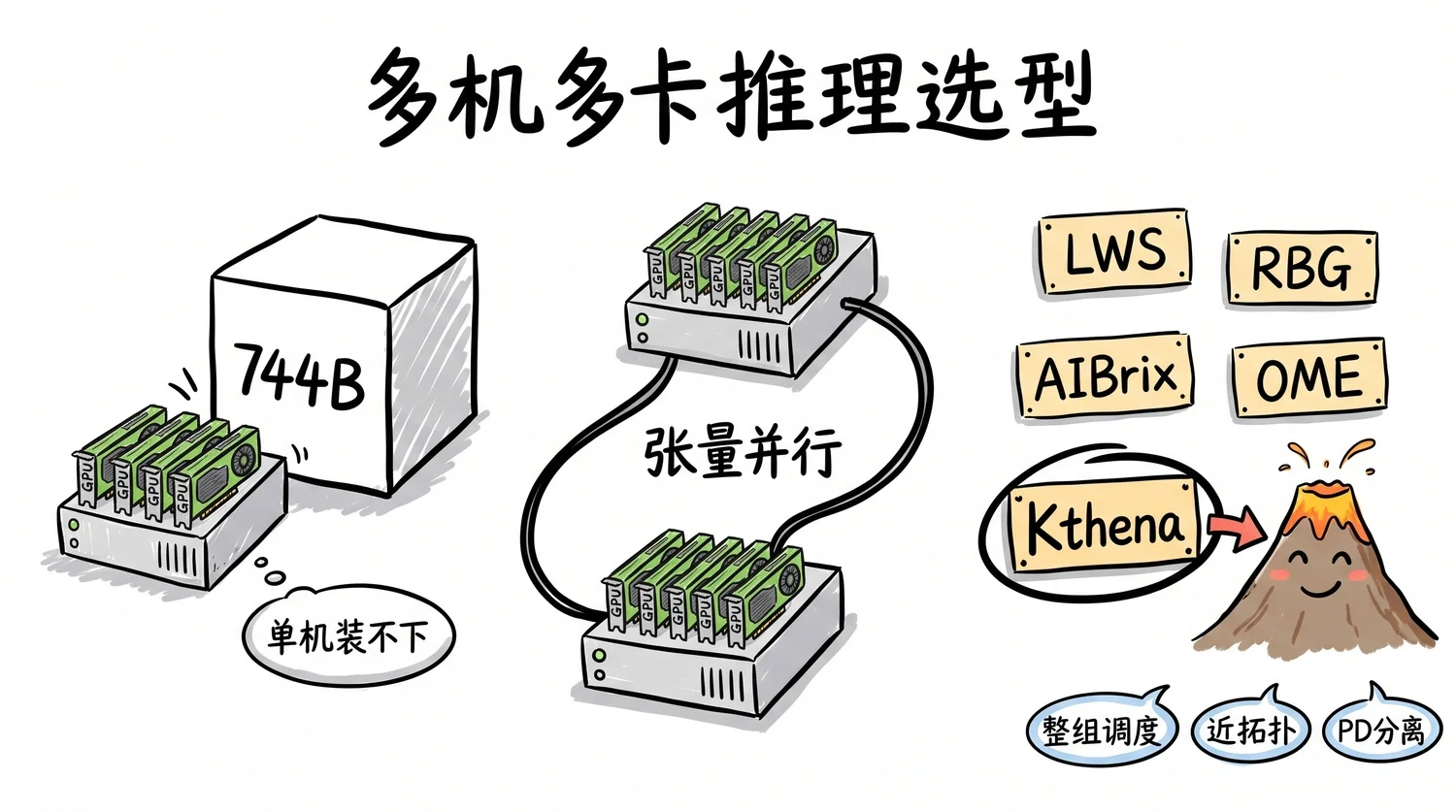 多机多卡推理选型：744B 单机装不下，两台机器做张量并行，对照 LWS、RBG、AIBrix、OME 后选定 Kthena