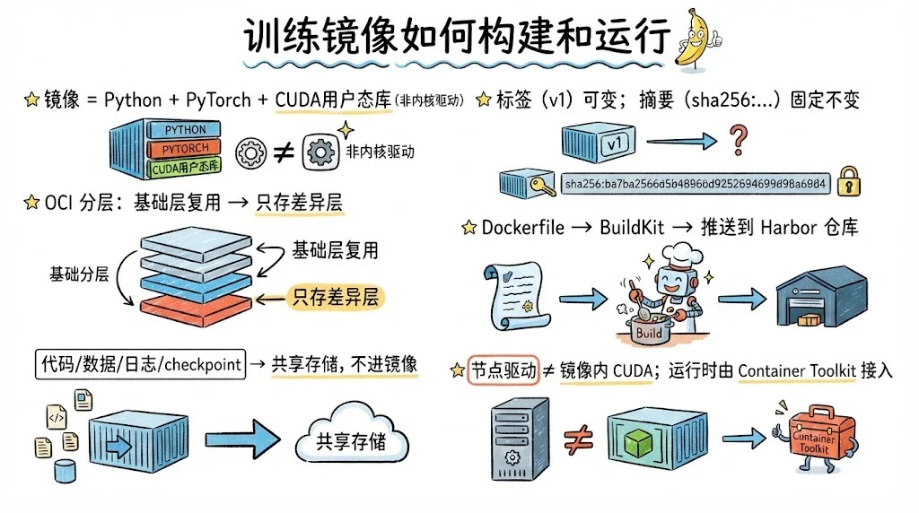 训练镜像构建与运行：OCI 分层结构，Dockerfile → Harbor 仓库，镜像含 PyTorch/CUDA 用户态库，驱动由节点提供