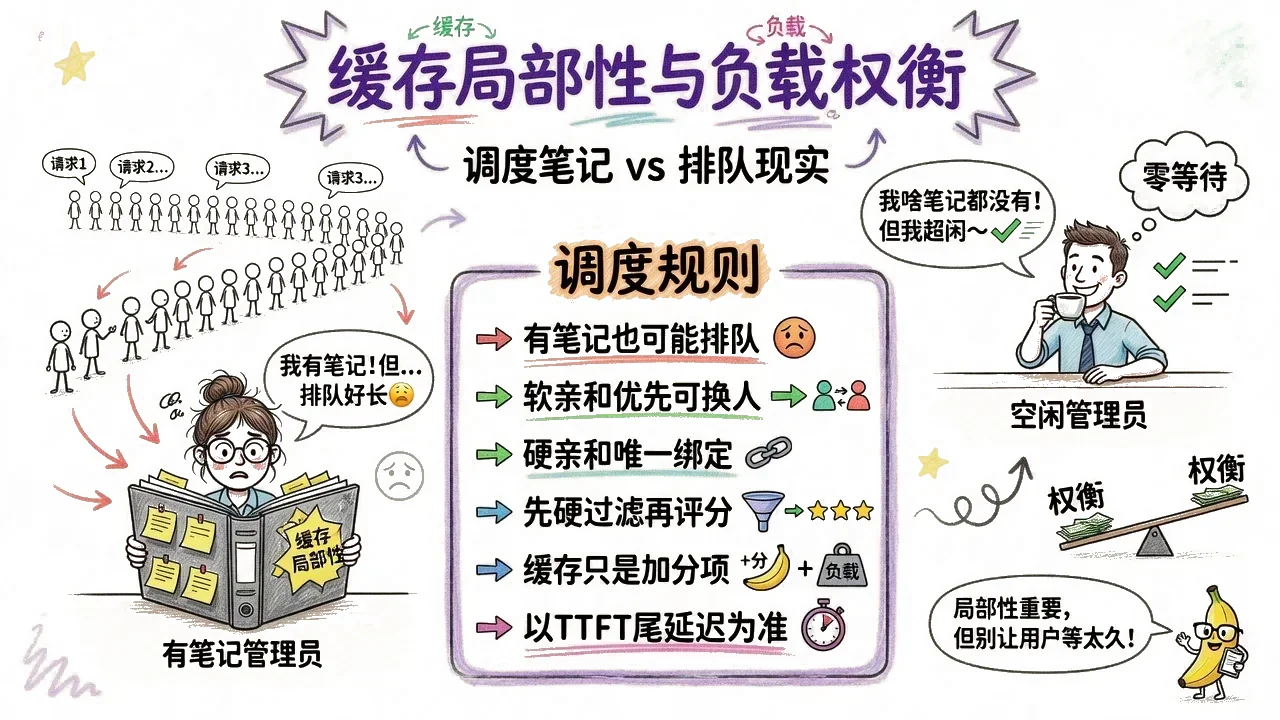有缓存也可能排队,软亲和优先但仍可换人