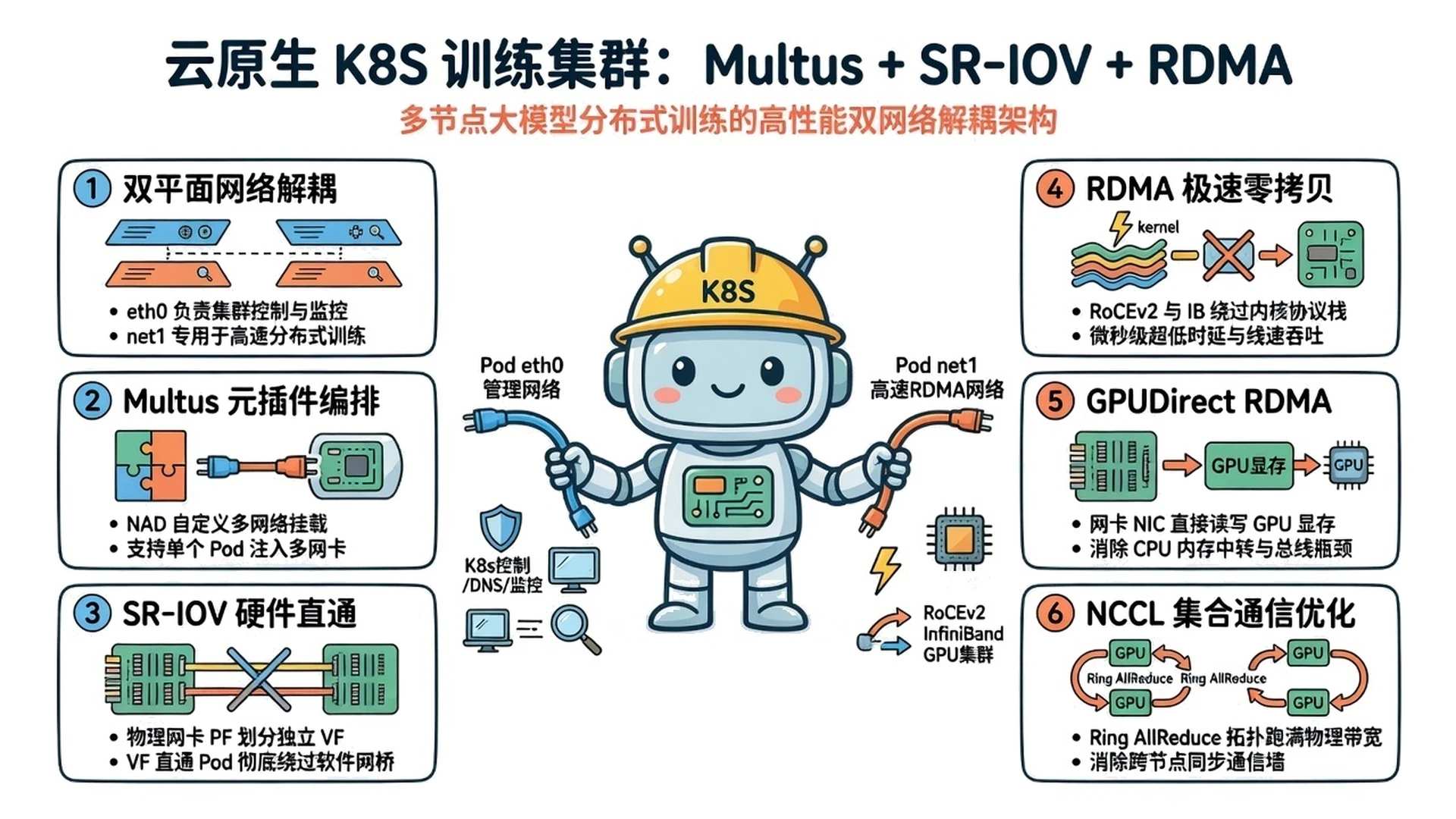 �信息图标题是云原生K8S训练集群：Multus + SR-IOV + RDMA，安全帽机器人连接 eth0 管理网与 net1 高速 RDMA 网，两侧卡片为双平面解耦、Multus、SR-IOV、RDMA 零拷贝、GPUDirect 与 NCCL