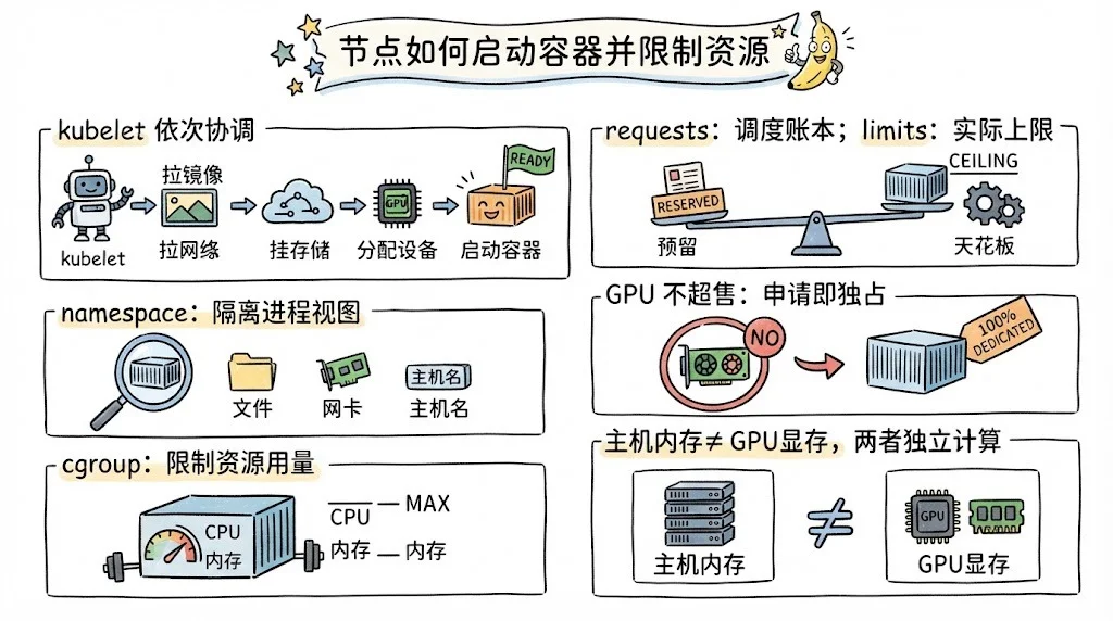节点启动容器流程：kubelet 依次协调镜像/网络/存储/设备，namespace 隔离视图，cgroup 限制用量，requests/limits 区别