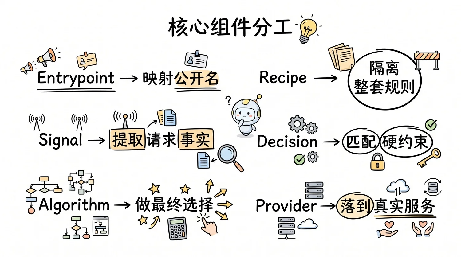 核心组件各管一事：Signal 提取图、售后、隐私，Projection 汇总成复杂