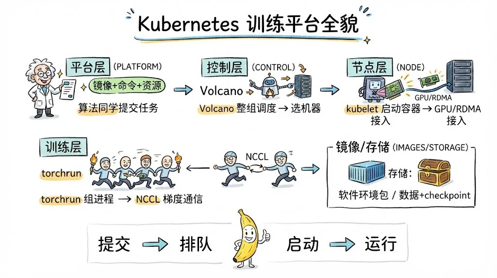 Kubernetes 训练平台全貌：平台层接收任务 → 控制层整组调度 → 节点层接入资源 → 训练层 NCCL 通信