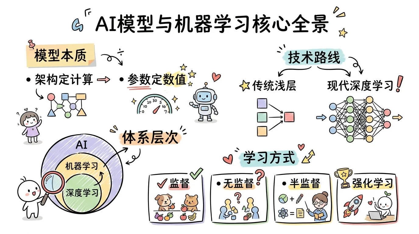 AI模型与机器学习核心全景:架构与参数本质、体系层次关系、传统浅层与现代深度学习、四类学习方式