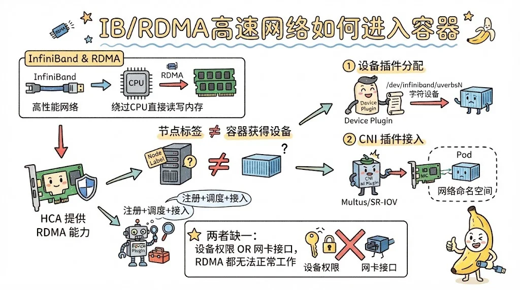 IB/RDMA 高速网络进入容器：HCA 提供 RDMA 能力，Device Plugin 分配字符设备，CNI 接入网卡接口，缺一不可