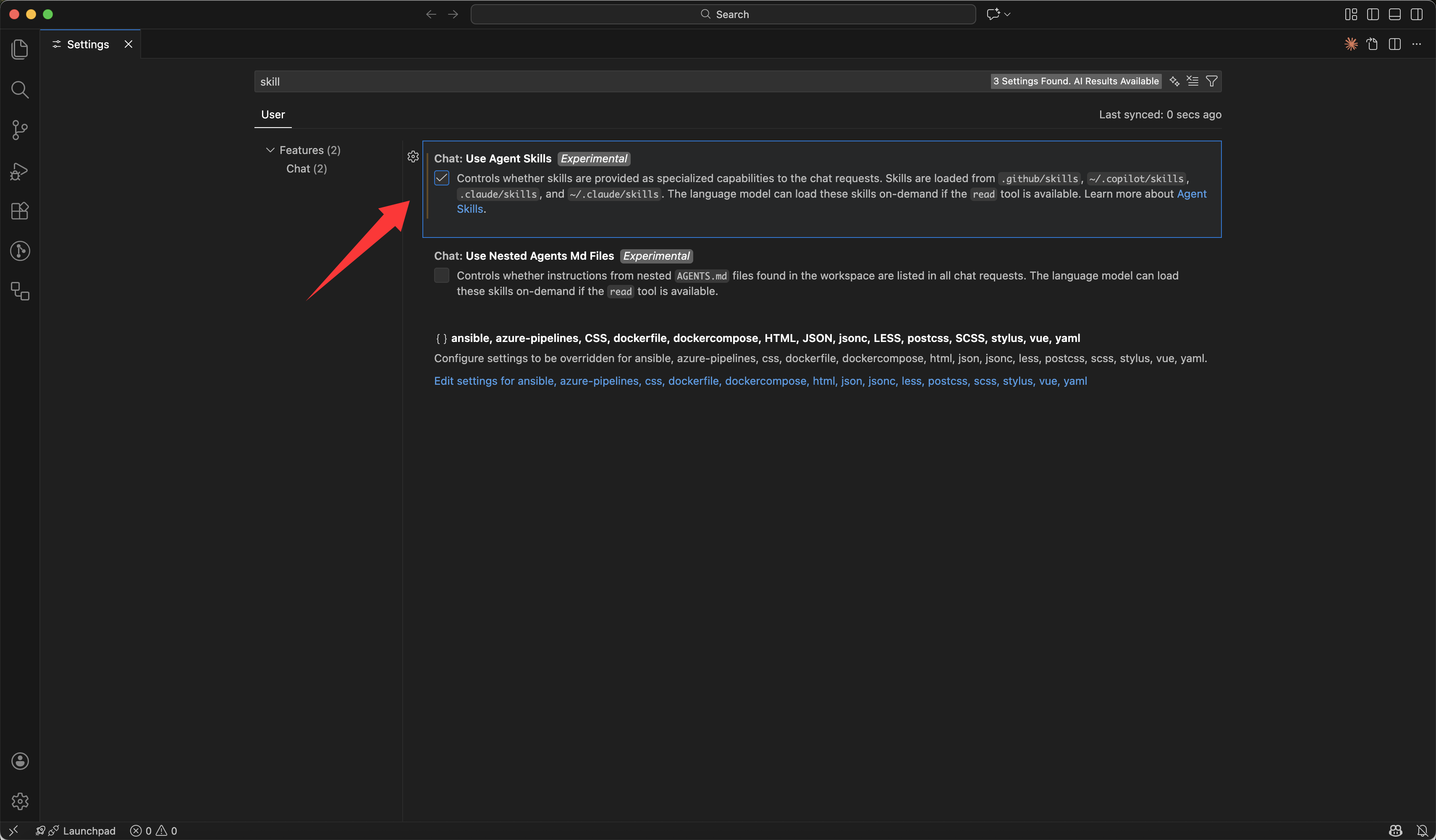 Copilot Skills功能目前处于预览阶段，需要手动启用