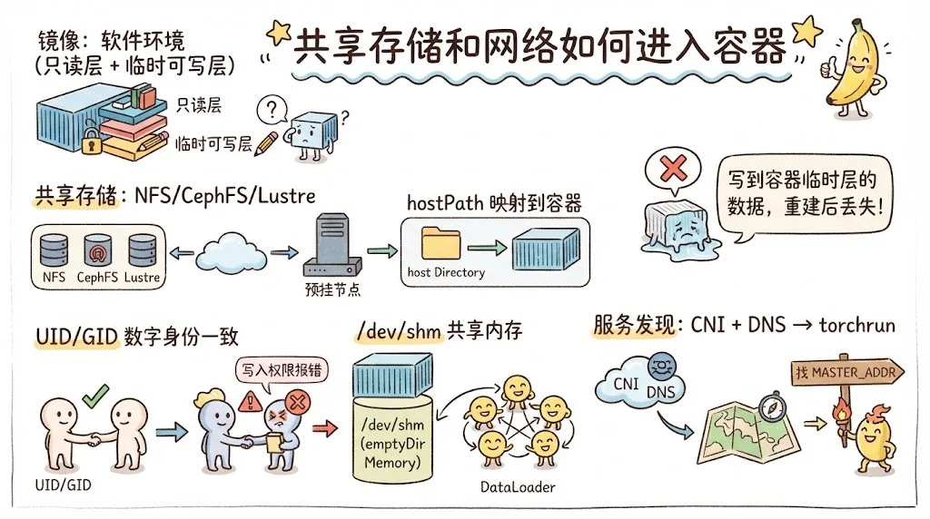 共享存储和网络进入容器：镜像只读层+临时可写层，NFS/CephFS 预挂节点再 hostPath 映射，UID/GID 需一致