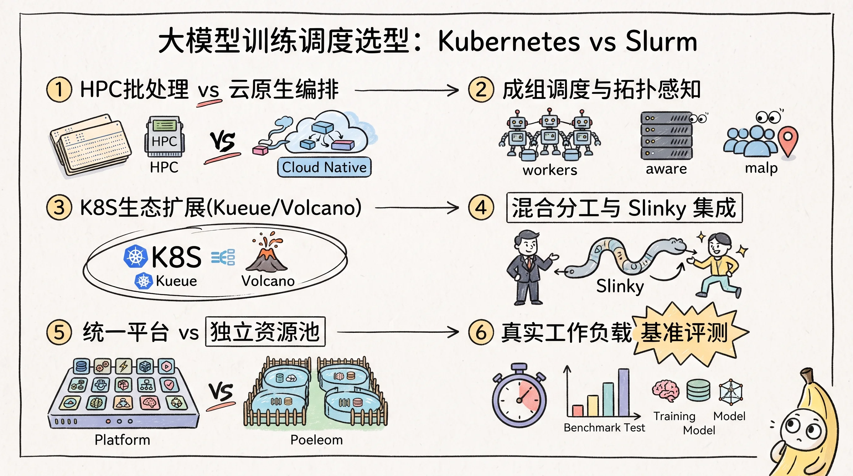 信息图标题是大模型训练调度选型:Kubernetes vs Slurm,对比 HPC 批处理与云原生编排,涵盖成组调度与拓扑感知、K8S 生态扩展、混合分工与 Slinky 集成、统一平台 vs 独立资源池及真实负载基准评测