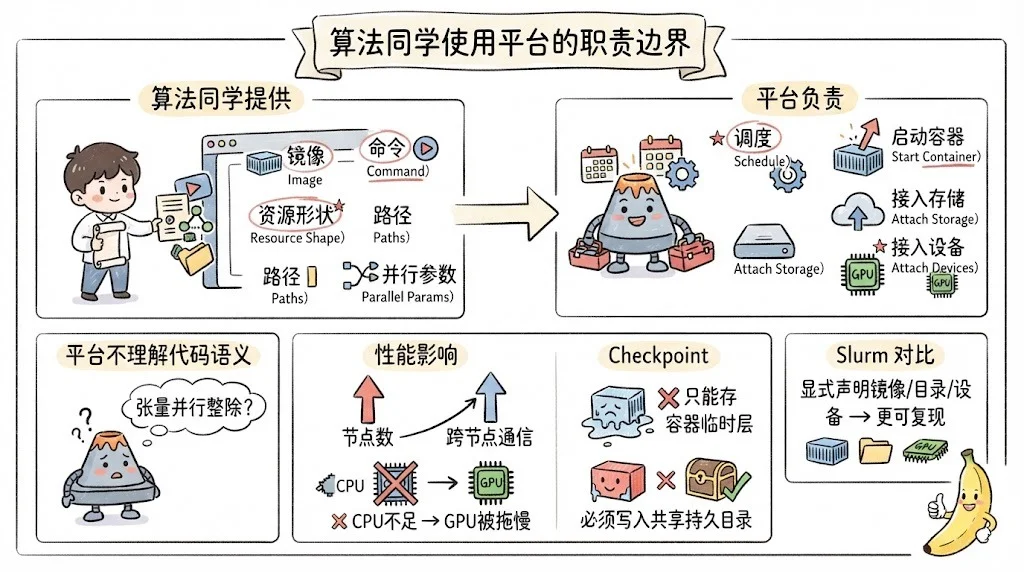 算法同学与平台的职责边界：用户提供镜像/资源/路径，平台负责调度和容器环境，checkpoint 必须写入共享持久目录