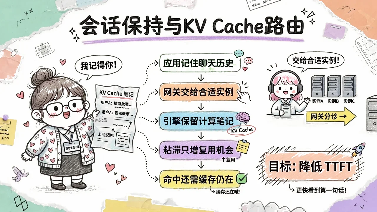 会话保持涉及应用历史、网关选实例和引擎KV笔记三层
