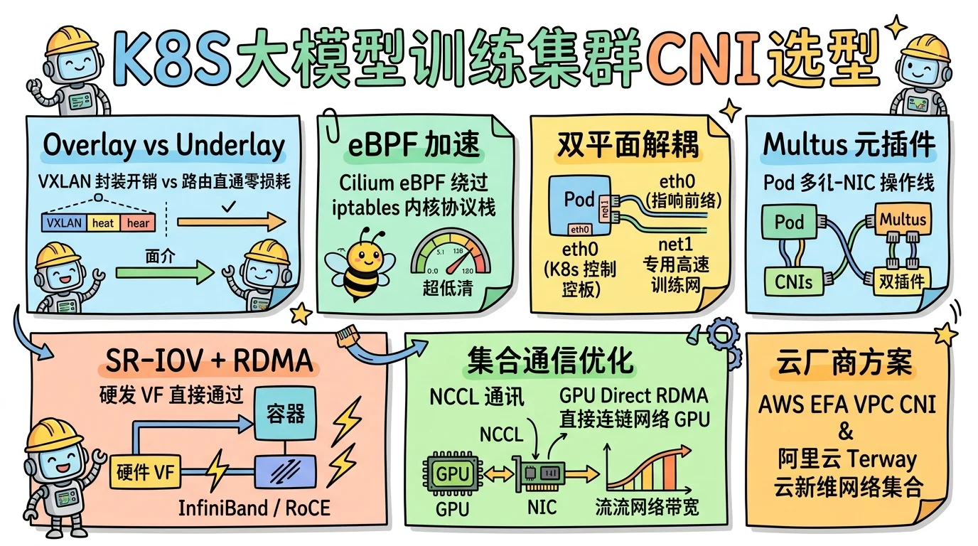 信息图标题是 K8S 大模型训练集群 CNI 选型，便签涵盖 Overlay vs Underlay、eBPF 加速、双平面解耦、Multus 元插件、SR-IOV + RDMA、集合通信优化与云厂商方案