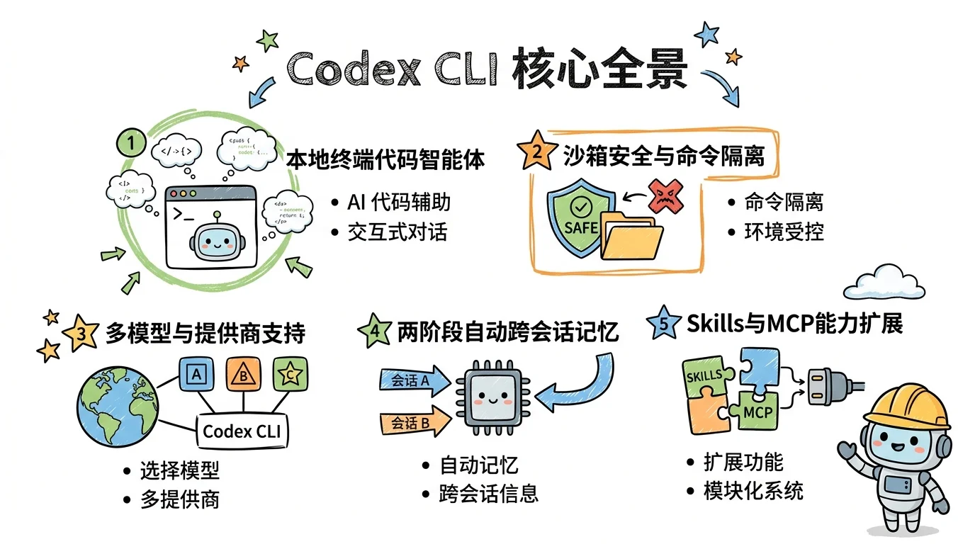 Codex CLI 核心全景：本地终端代码智能体、沙箱隔离、多模型接入、两阶段自动记忆、Skills与MCP扩展